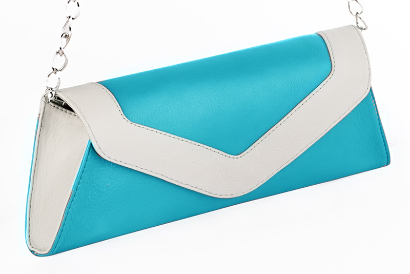 Turquoise blue and off white women's dress clutch, for weddings, ceremonies, cocktails and parties. Front view - Florence KOOIJMAN